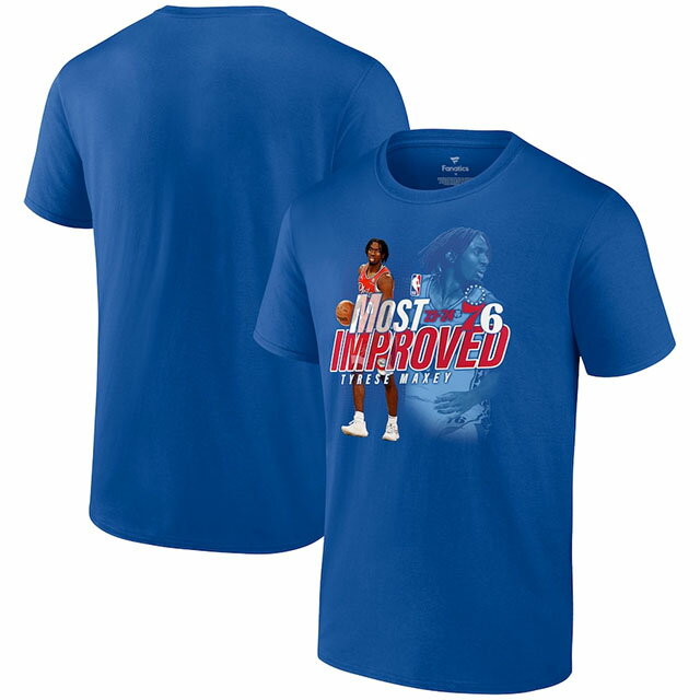 ^C[X }LV[2023-24MIP LOf TVc CO tBftBA 76ERS 2024 NBA MOST IMPROVED PLAYER OF THE YEAR FULL COURT OUTLET T-SHIRT ROYAL BLUE TYRESE MAXEY PHILADELPHIA