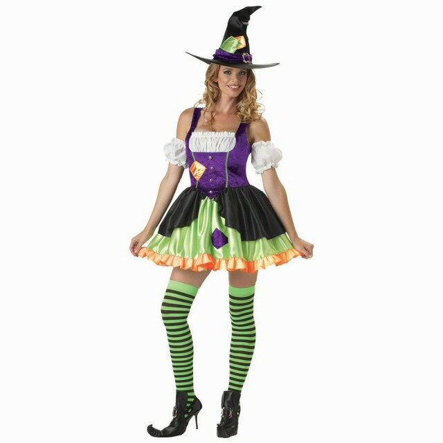 ■商品コード：ar00317黄緑とオレンジのスカートがとってもかわいい大人女性用の魔女のコスチュームです。肩がざっくり開いていてとってもセクシーなドレスです。ハロウィンやイベントで目立つこと間違い無し!含まれるものは、ドレス、帽子、靴下※靴...