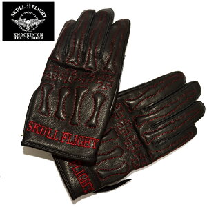 SKULL FLIGHT スカルフライト 3シーズン対応撥水加工オールレザーグローブ BONE GLOVE ボーングローブ ブラック×レッド色 全10色 送料無料