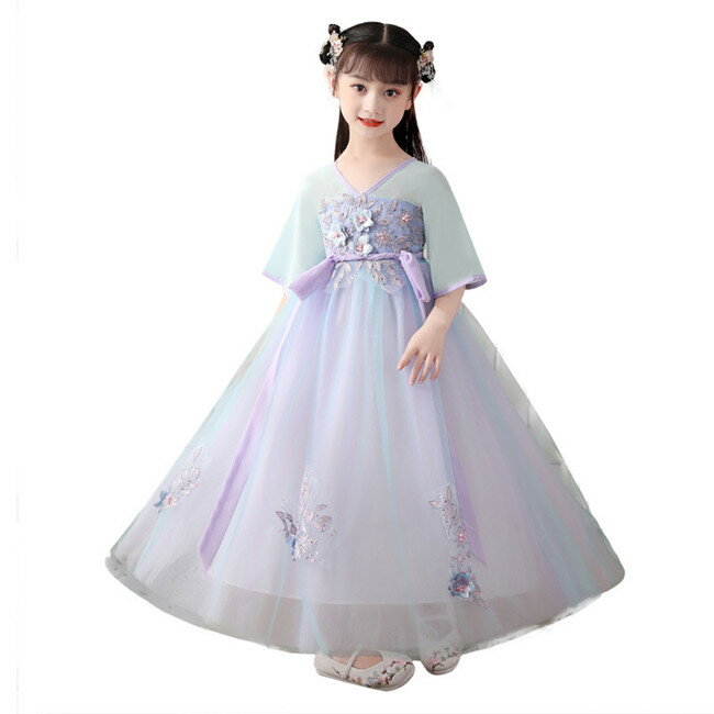 グリーン　ワンピース 子供服 女の子 唐装漢服 キッズ ドレス舞台演出団体服 中国古代美人服 中華風 七..