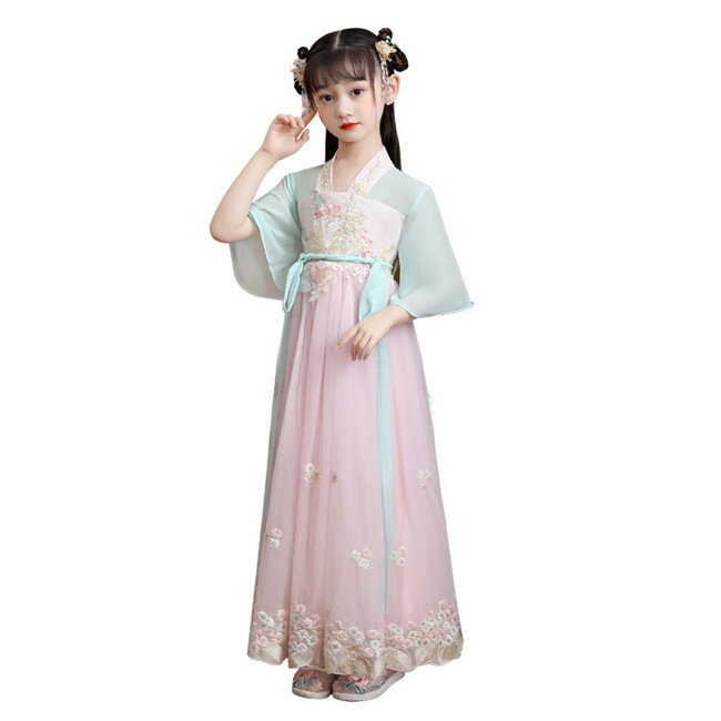 ピンク　ワンピース 子供服 女の子 唐装漢服 キッズ ドレス舞台演出団体服 中国古代美人服 中華風 七分..