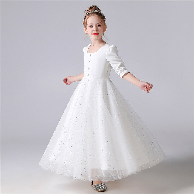 楽天ドリーム洋服屋ホワイト ドレス　五分袖　子供ドレス　キッズドレス　ピアノ　フォーマル　ワンピース　キッズ服 子供服　ロングドレス　ロング丈 女の子 ワンピース 子ども　発表会　七五三　演出舞台　結婚式　卒業園　入園式 110-160CM　パーティー　誕生日　ラメ　キラキラ