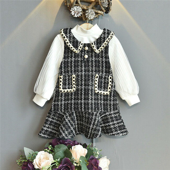 キッズ衣装 子供服 ワンピース 秋 キッズ 2点セット シャツ サロペットスカート チェック柄 フォーマルドレス 子ども服 長袖 女の子 子供 キッズ ジュニア 子供服 秋服 秋物 秋冬 冬 春 入学式 発表会 お宮参り 七五三 90 100 110 120 130cm