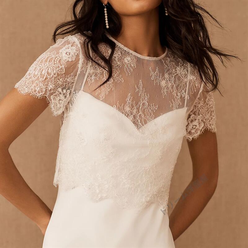 ボレロ 結婚式 ショール 　結婚式ボレロ 花柄レースボレロ 丸首 半袖 透明花柄レースボレロ ホワイト/ブラックの2色展開 二の腕カバー アームカバー ウェディングドレス用 パーティドレス　総レース