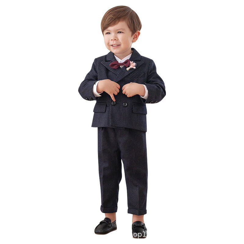 ブラック ストライプ キッズ スーツセット 子供スーツ キッズ服 男の子衣装 ズボン、コート、ベスト、コサージュ 4点セット 上下セット セットアップ 演出/入...