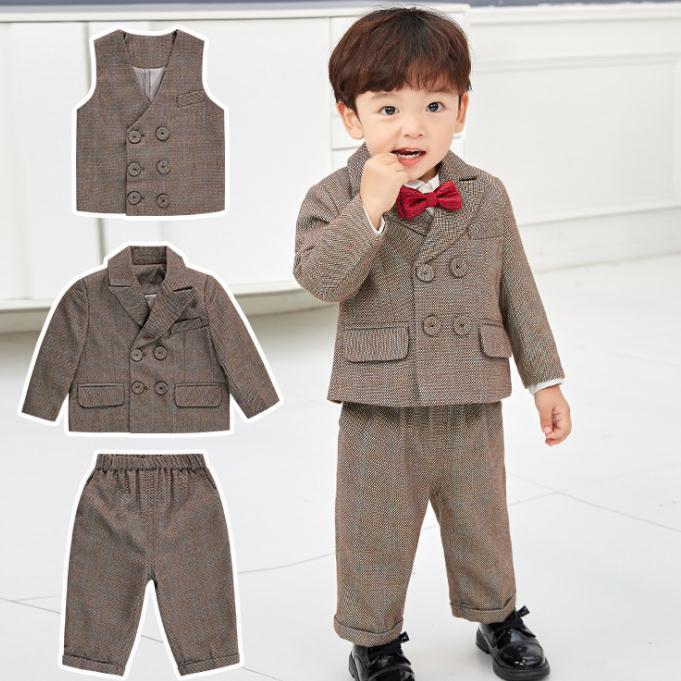 レッド/カーキ チェック柄 キッズ スーツセット 子供スーツ キッズ服 男の子衣装 ズボン、コート、ベスト、蝶リボン 4点セット 上下セット セットアップ 演出...