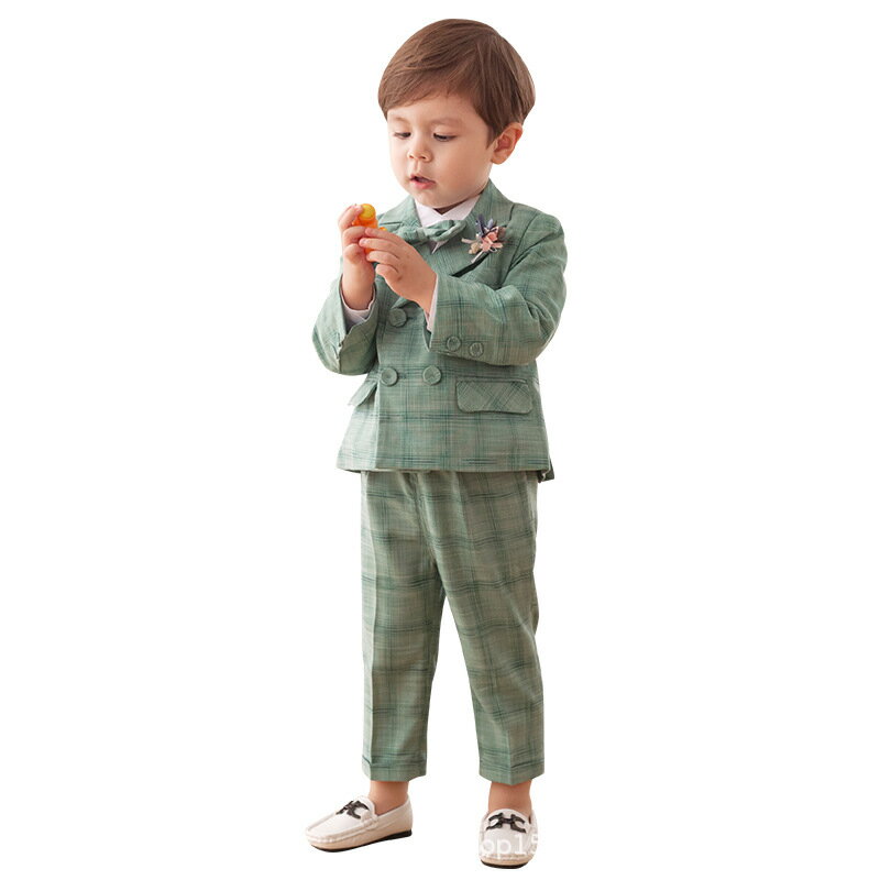 グリーン/ピンク/ブルー チェック柄 キッズ スーツセット 子供スーツ キッズ服 男の子衣装 ズボン、コート、蝶リボン 3点セット 上下セット セットアップ 演...