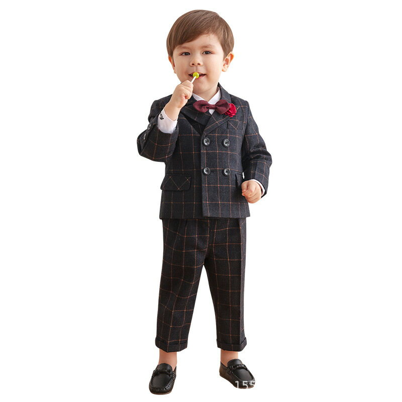 ネイビー/ダークグレー チェック柄 キッズ スーツセット 子供スーツ キッズ服 男の子衣装 ズボン、コート、ベスト 3点セット 上下セット セットアップ 演出/...