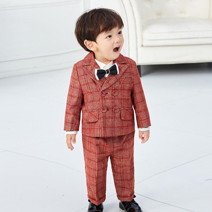 レッド/コーヒー チェック柄 キッズ スーツセット 子供スーツ キッズ服 男の子衣装 ズボン、コート、ベスト 3点セット 上下セット セットアップ 演出/入園式...
