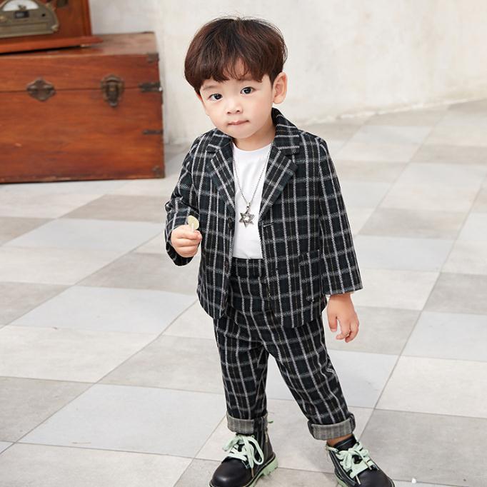 ブラック チェック柄 キッズ スーツセット 子供スーツ キッズ服 男の子衣装 ズボン、コート 2点セット 上下セット セットアップ 演出/入園式/発表会/七五三...