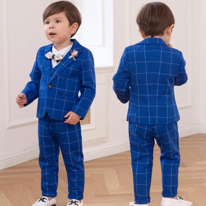 ブルー/レッド/グレー チェック柄 キッズ スーツセット 子供スーツ キッズ服 男の子衣装 ズボン、コート、ベスト 3点セット 上下セット セットアップ 演出/...
