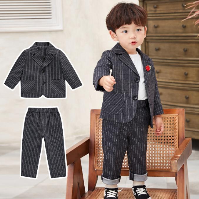 ブラック ストライプ キッズ スーツセット 子供スーツ キッズ服 男の子衣装 ズボン、コート、コサージュ 3点セット 上下セット セットアップ 演出/入園式/発...