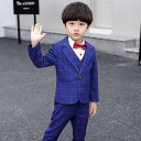 ブルー/ネイビー チェック柄 キッズ スーツセット 子供スーツ キッズ服 男の子衣装 ズボン、コート、ベスト 3点セット 上下セット セットアップ 演出/入園式...