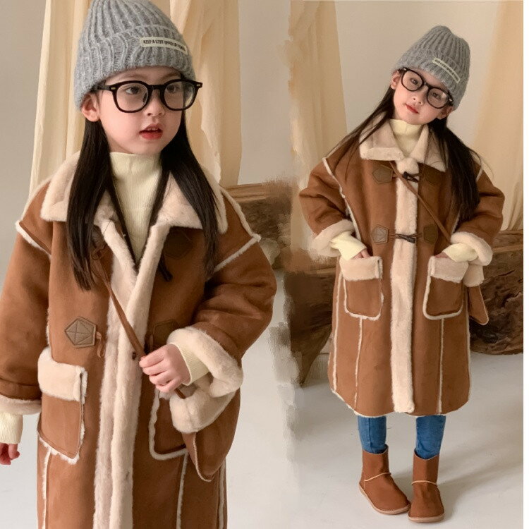 ブラウン　女の子 ロングコート着 ラシャコート 秋冬モデル 子ども 厚 防寒 コート ファッション フー..