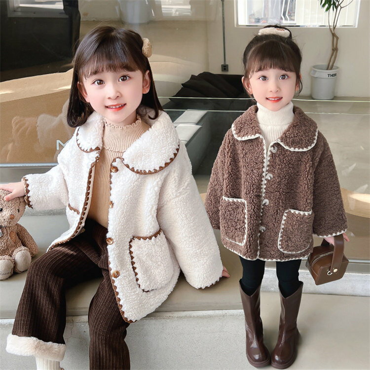 女の子　アウター　もこもこ　ボアコート コート着　キッズ アウター　コート 秋冬モデル 子供 厚 防寒 コート ファッション 冬服 子ども服 長袖 キッズ 厚み きれいめ 卒園式/入学式/パーティー かわいい 上着 厚手コート 　温かい　ホワイト　ブラウンのサムネイル