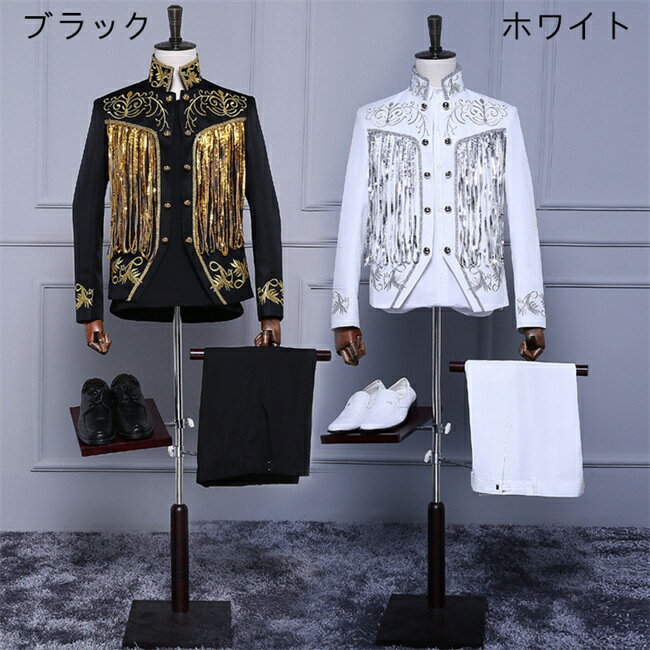 ブラック /ホワイトストライプ メンズ スーツ スーツセット 上下セット セットアップ 2点セット 花柄 タキシード メンズ タキシード パンツ 演出服 華麗な王族服 王子様 ヨーロッパ風 復古風 コスプレ衣装 宮廷服 コスチューム 貴族服