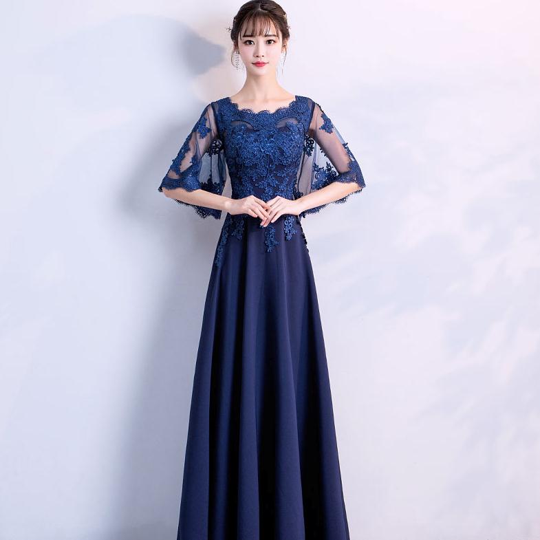 ブラック/ネイビー Aライン 二次会ドレス パーティードレス ロングドレス フォーマルドレス マキシ丈 ワンピース二次会演出司会 結婚式お呼ばれ 忘年会 司会 総レース