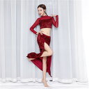 ワインレッド 上下セット ベリーダンス衣装 舞台服 演出用 レッスン着 ステージ衣装、練習用 レッスン トップス+ズボン 2点セット ブルー ステージ衣装練習用...