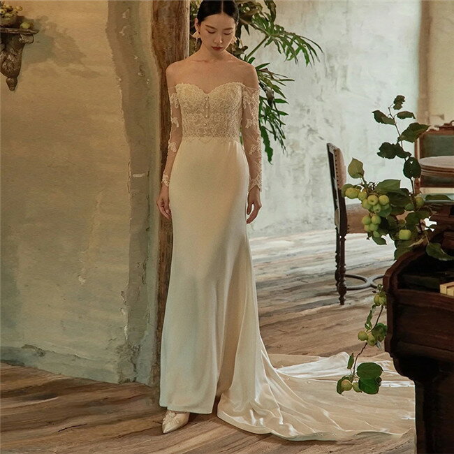 ホワイト オフショルダー ウェディングドレス Aライン ファスナータイプ トレーン レース 素地 xs〜xxl Wedding Dress お花嫁 結婚式 旅行撮影演出 レディースウェディングドレス