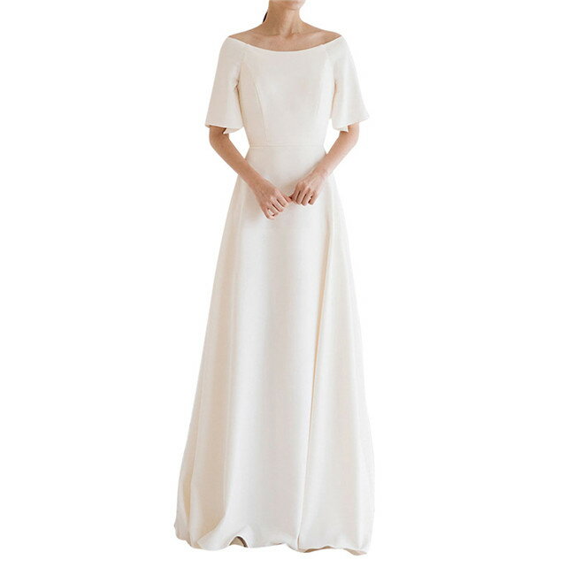 ホワイト 半袖 袖あり 二次会ドレス パーティードレス マキシ丈、ロング丈 ロングドレス スカート 二次会演出司会 結婚式お呼ばれ
