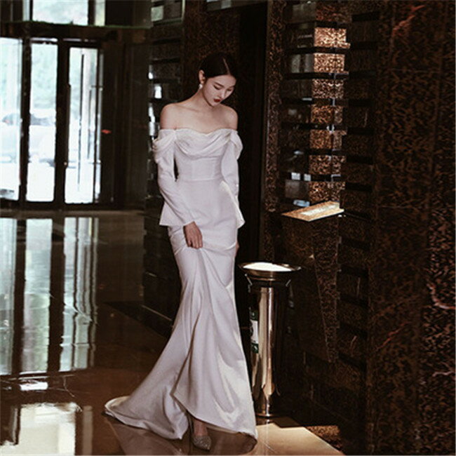 ホワイト オフショルダー ウェディングドレス Aライン ファスナータイプ トレーン レース 素地 s〜xl Wedding Dress お花嫁 結婚式 旅行撮影演出 レディースウェディングドレス