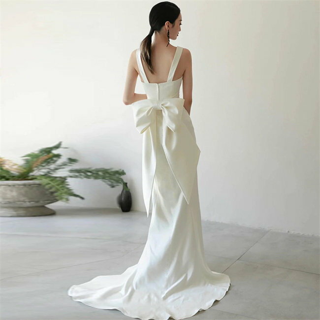 リボン ホワイト ウェディングドレス Aライン ロングドレス イブニングドレス ノースリーブ トレーン vネック ファスナータイプ xs〜xl Wedding Dress お花嫁 結婚式 旅行撮影演出 レディースウェディングドレス エレガント パーティードレス 吊りスカート