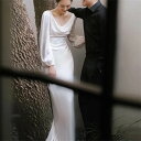 長袖 ホワイト ウェディングドレス Aライン ロングドレス イブニングドレス 丸襟 トレーン ファスナータイプ xs~xl Wedding Dress お花嫁 結婚式 旅行撮影演出 レディースウェディングドレス エレガント パーティードレス 背が露出