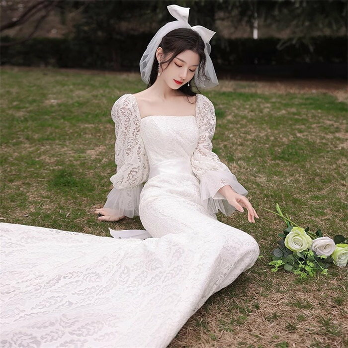 ホワイト ロング ウェディングドレス 花嫁 結婚式 披露宴 フォマール ドレス シンプル Aライン ウエディング ドレス 長袖 レース チュール 可愛い ブライド ドレス 発表会 演奏会 ドレス 前撮り リボン パーティー ドレス S~3XLサイズ 床付きタイプ/トレーンタイプ