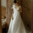 ホワイト ロング ウェディングドレス 肩リボン 花嫁 結婚式 披露宴 フォマール ドレス シンプル Aライン ウエディング ドレス チュール 可愛い ブライド...