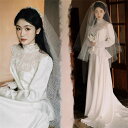 ホワイト ロング ウェディングドレス 長袖 総レース 花嫁 結婚式 披露宴 フォマール ドレス シンプル Aライン ウエディング ドレス チュール 可愛い ブライド ドレス 発表会 演奏会 ドレス 前撮り リボン パーティー ドレス XS~2XLサイズ トレーンタイプ(4)