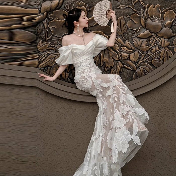 ホワイト ロング ウェディングドレス オフショルダー 豪華 花嫁 結婚式 披露宴 フォマール ドレス シンプル マーメイド ウエディング ドレス チュール 可愛い ブライド ドレス 発表会 演奏会 ドレス 前撮り リボン パーティー ドレス XS~XLサイズ トレーンタイプ