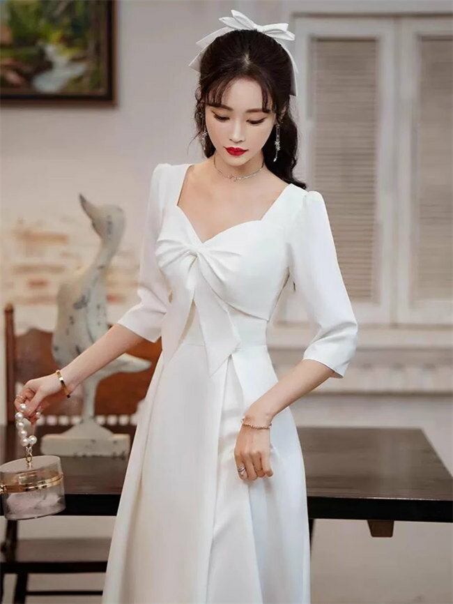 ホワイト ドレス 半袖　二次会 花嫁 ワンピース ウェディングドレス パーティードレス 花嫁ドレス 結婚式　膝丈　ドレスラインドレス エンパイアドレス レースウェディングドレス 二次会 花嫁 ミモレドレス 演奏会 イブニングドレス ワンピース　S/M/L/XL/2XL