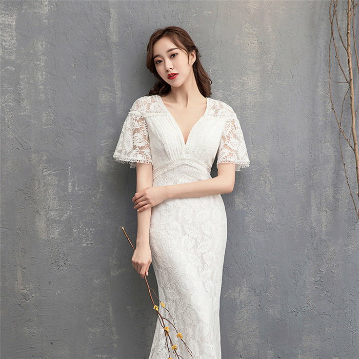 ホワイト ウェディングドレス　マーメイド　トレーン　半袖　総レース　ロングドレス ウェディングドレス ファスナータイプ　xs〜xl　Wedding Dress　お花嫁　結婚式　撮影演出　レディースウェディングドレス　エレガント