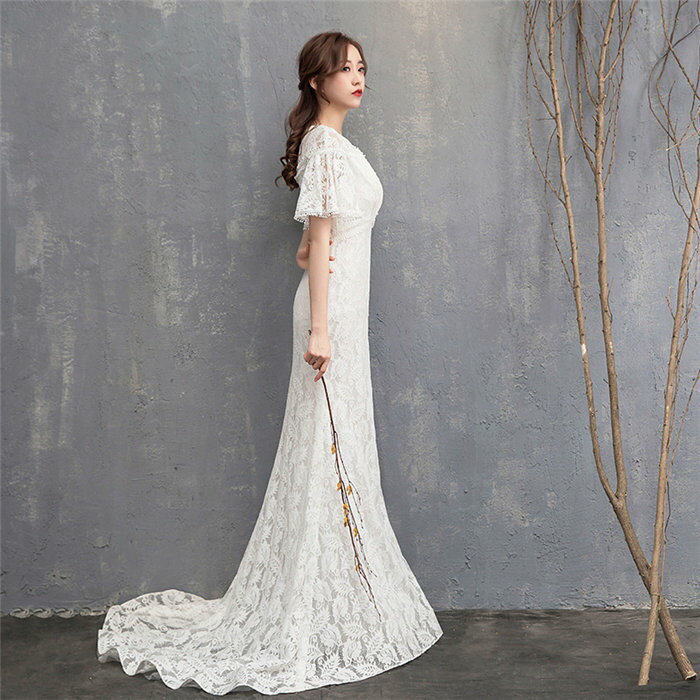 ホワイト ウェディングドレス　マーメイド　トレーン　半袖　総レース　ロングドレス ウェディングドレス ファスナータイプ　xs〜xl　Wedding Dress　お花嫁　結婚式　撮影演出　レディースウェディングドレス　エレガント