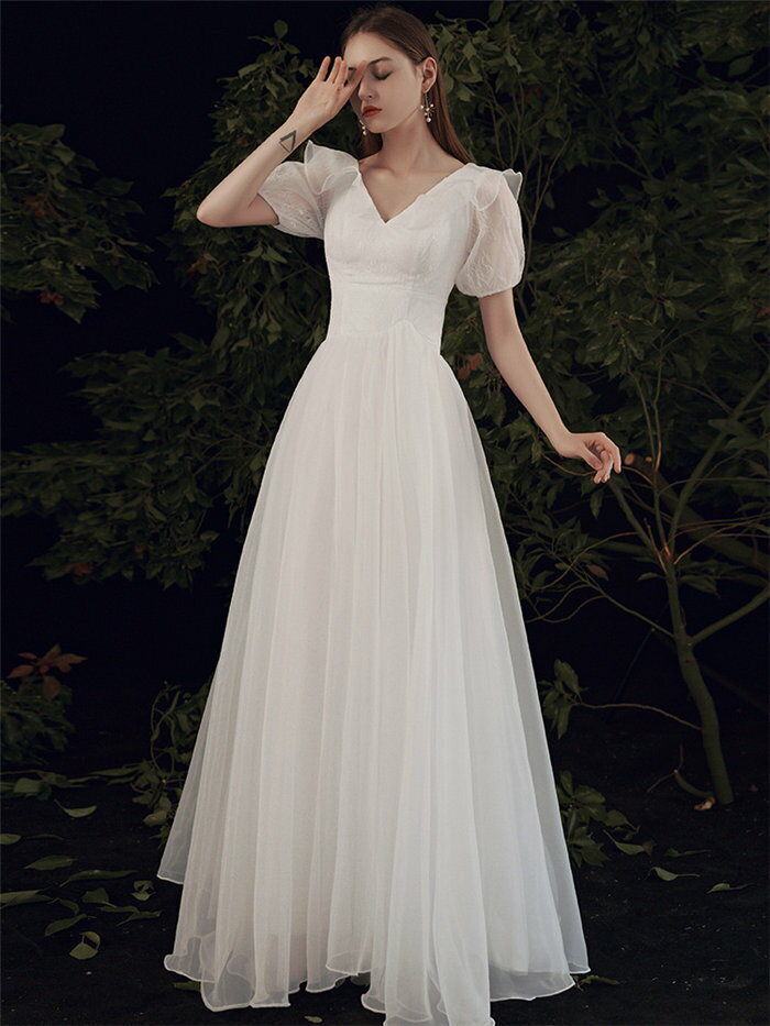 ホワイト ウェディングドレス　Aライン　半袖　マキシ丈　ロングドレス ウェディングドレス ファスナータイプ　xs〜xl　Wedding Dress　お花嫁　結婚式　旅行撮影演出　レディースウェディングドレス　エレガント