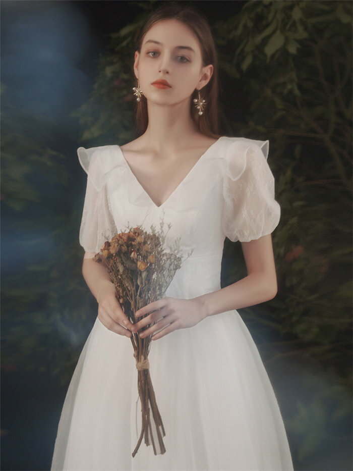 ホワイト ウェディングドレス　Aライン　半袖　マキシ丈　ロングドレス ウェディングドレス ファスナータイプ　xs〜xl　Wedding Dress　お花嫁　結婚式　旅行撮影演出　レディースウェディングドレス　エレガント