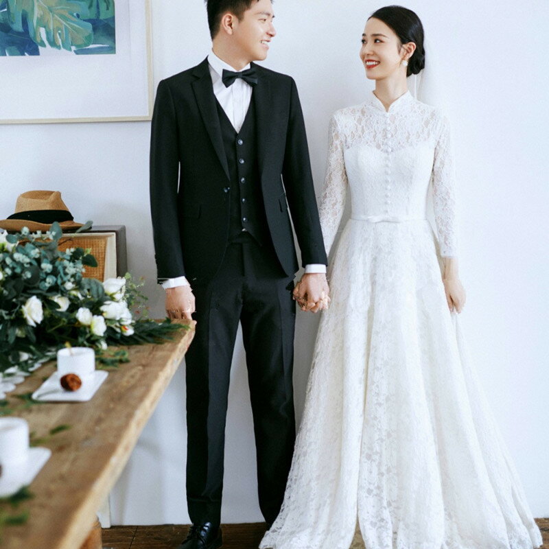 ホワイト ウェディングドレス Aライン 長袖 総レース ロングドレス イブニングドレス マキシ丈 ファスナータイプ xs〜xl Wedding Dress お花嫁 結婚式 旅行撮影演出 レディースウェディングドレス エレガント パーティードレス チャイナドレス