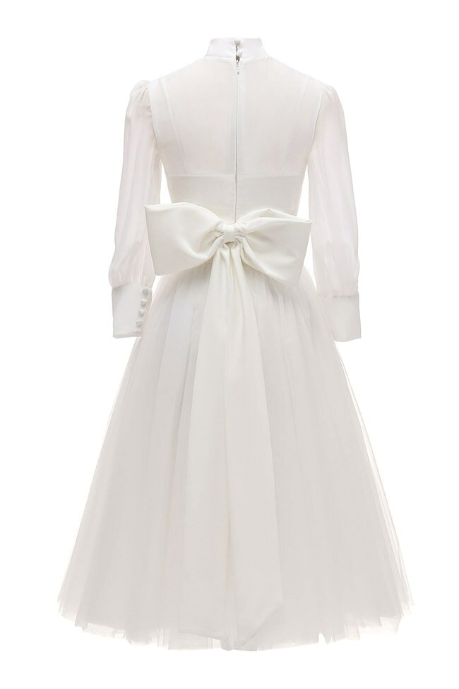 ホワイト ウェディングドレス　Aライン　長袖 レース ミディアムドレス イブニングドレス　ミモレ丈　 ファスナータイプ　xs〜xl　Wedding Dress　お花嫁　結婚式　旅行撮影演出　レディースウェディングドレス　エレガント　パーティードレス チャイナドレス