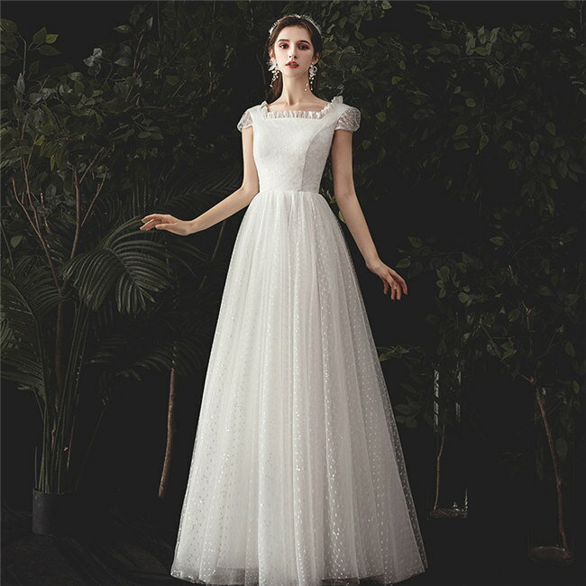 ホワイト ウェディングドレス Aライン レース 半袖 ロングドレス イブニングドレス ファスナータイプ xs〜xl Wedding Dress お花嫁 結婚式 旅行撮影演出 レディースウェディングドレス エレガント パーティードレス