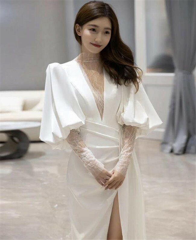 ホワイト　 ウェディングドレス　Aライン　長袖　袖あり ロングドレス ウェディングドレス レース 素地 ファスナータイプ　xs〜2xl　Wedding Dress　お花嫁　結婚式　旅行撮影演出　レディースウェディングドレス ボタン飾　床付きタイプ　トレーンなし