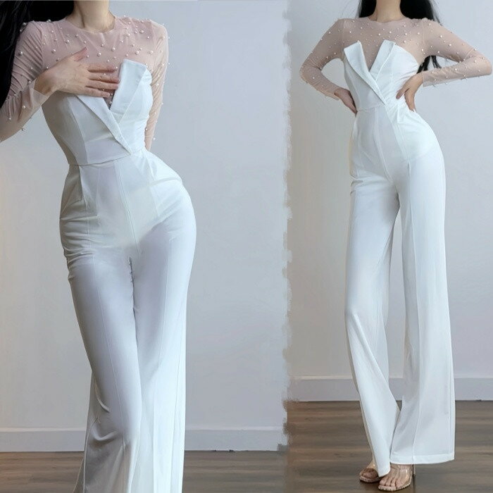 ホワイト ウェディングドレス ズボン パール トップス+パンツドレス 2点セット ロングドレス ウェディングドレス レース 素地 ファスナータイプ s〜xl ...