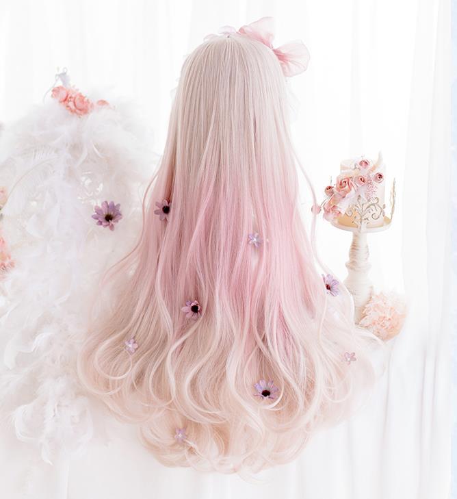 グラデーション　70cm　長髪 ロング ロリータ 原宿風 巻き毛 ぱっつん前髪 可愛い ロング 耐熱ウィッグ コスチューム 仮装 自然 ナチュラル イベント 文化祭 普段使い　かつら　レディース　ウィッグ　アッシュ 日常 ウェーブ　大人用　ピンク