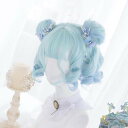 ブルー グラデーション 26cm シュシュ付き 短髪 ショート ロリータ 原宿風 巻き毛 ぱっつん前髪 可愛い 耐熱ウィッグ コスチューム 仮装 ナチュラル イ...
