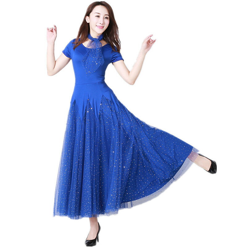 【受注生産M/L/XL/2XL/3XL】ブルー長袖レース　社交ダンス 衣装 モダンドレス ラテンドレス ラテン衣装 社交ダンスドレス 大きい裾 豪華なドレス　ダンス衣装 ワンピース ダンス衣装 ダンス発表会 競技着 練習着 演出用 スタンダードドレス ワルツダンス