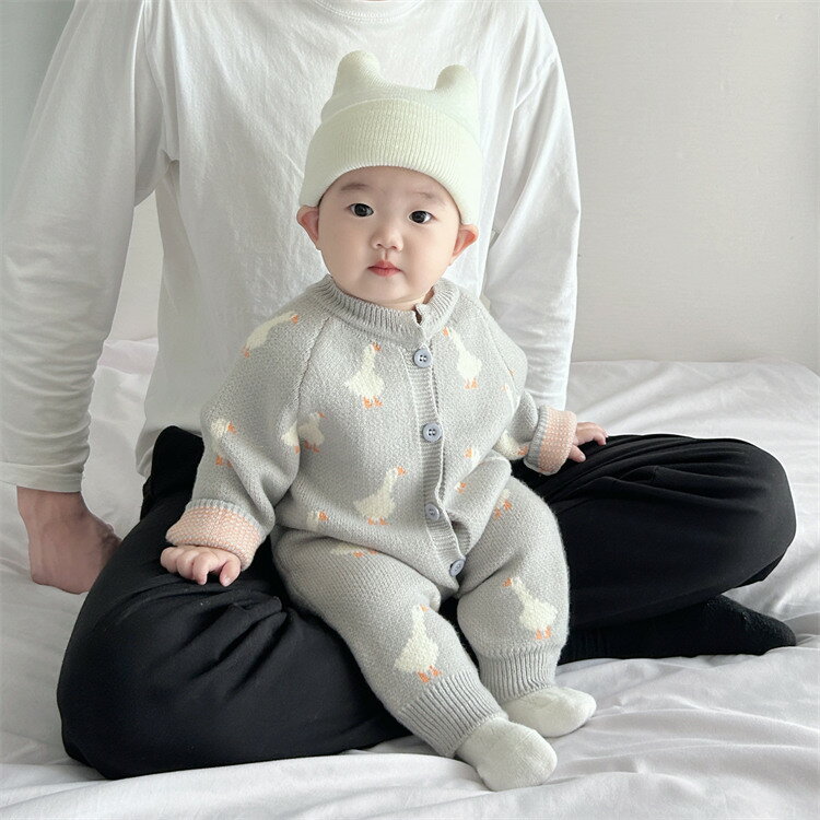 ベビー服 新生児　ニット ロンパース 男の子 長袖　グレー　出産祝い 　赤ちゃん 子ども服 可愛い ニッ..