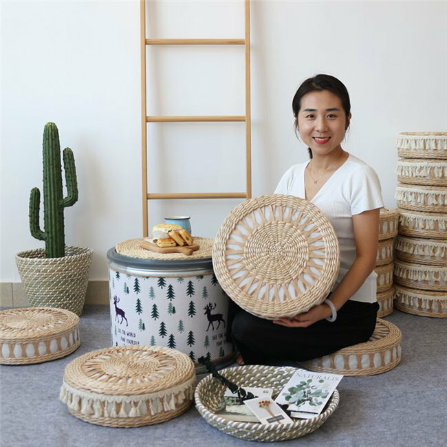 直径36cm 座禅を組む 藤編 草編 フロアクッション 座布団 おしゃれ クッション ラウンドクッション 大..