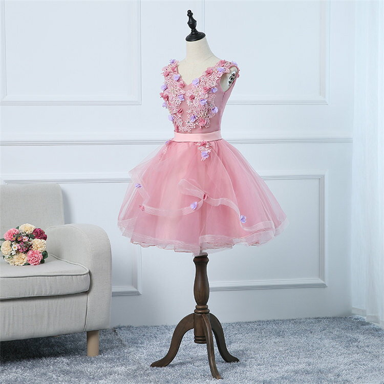 ピンク　カラードレス　フォーマルドレス　レース　花柄　ミニドレス　ショート丈　ミニ丈　パーティードレス ワンピース カラードレス　二次会 演奏会 披露宴 結婚式 発表会　忘年会　演出舞台