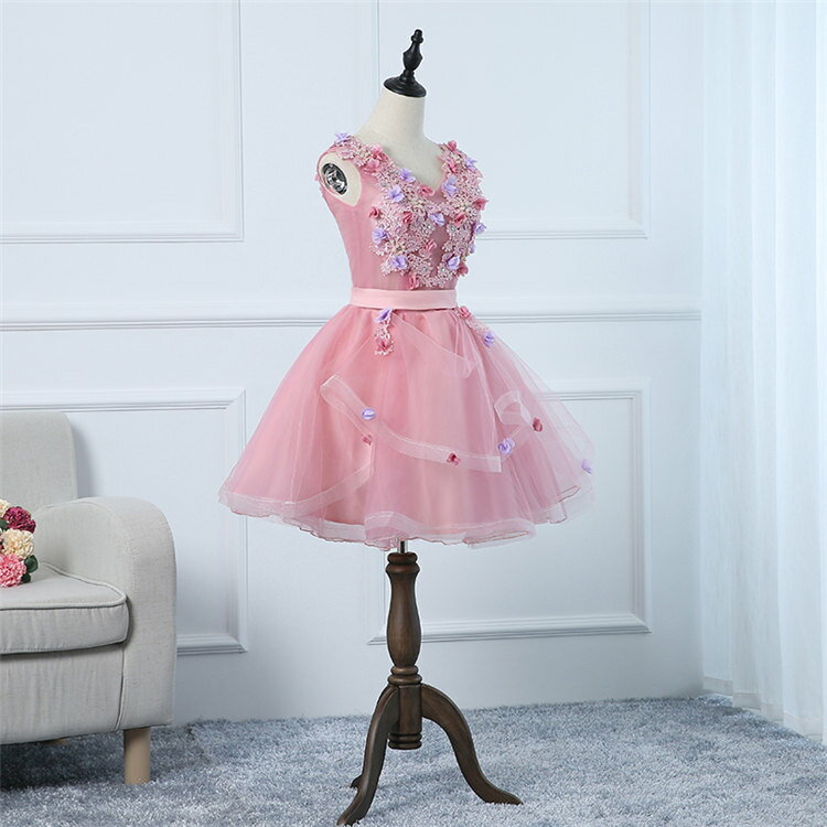 ピンク　カラードレス　フォーマルドレス　レース　花柄　ミニドレス　ショート丈　ミニ丈　パーティードレス ワンピース カラードレス　二次会 演奏会 披露宴 結婚式 発表会　忘年会　演出舞台