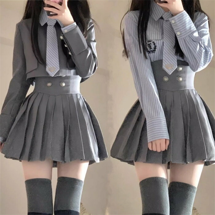 卒業式 スーツ 女の子 韓国 制服 ピアノ発表会　ジャケット+スカート スーツ 卒服 フォーマル 中学 受験 フォーマルスーツ 女児 ジュニアスーツ 4点セット 高校生 卒業式スーツ 入学式　発表会 結婚式　子供スーツ ジャケット スカート シャツ 　ネクタイ　グレー