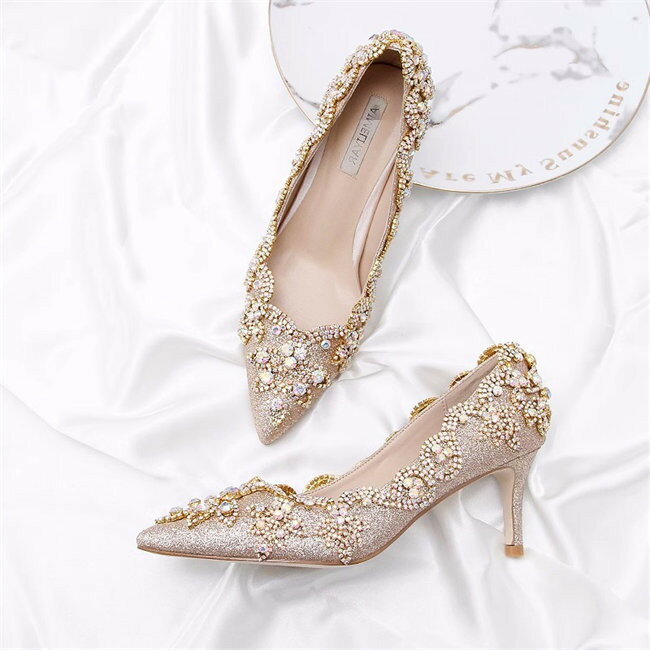 シャンパン パンプス キラキラ ハイヒール ピンヒール パンプス レディース パンプス ヒール7/9cm レディース サンダル 靴 美脚 結婚式 ウエディングシューズ 靴 フォーマル 結婚式 花嫁 お嫁さん パーティー シューズ ストーン・ビジュー